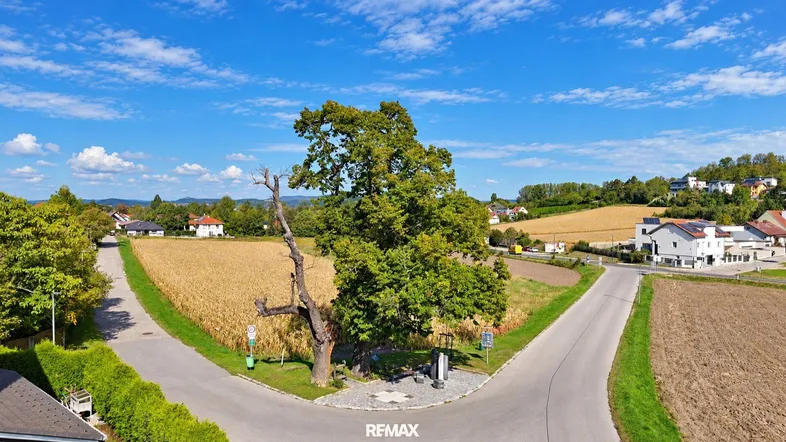 Luftaufnahme einer ländlichen Gegend mit Feldern, Straßen und vereinzelten Häusern unter blauem Himmel.