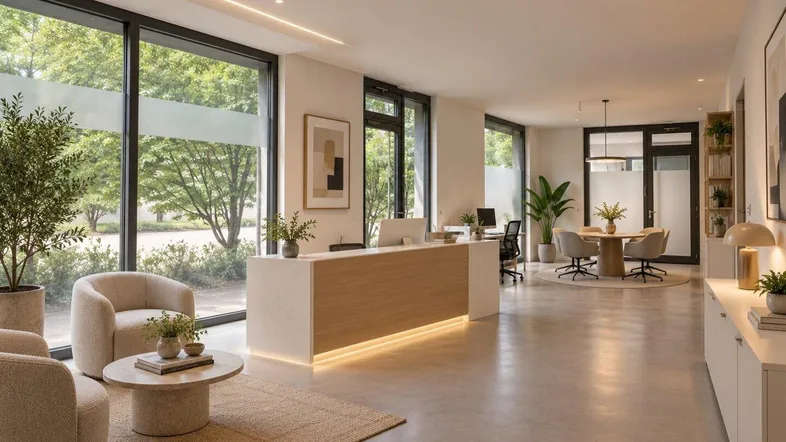 Moderne Empfangshalle mit großflächigen Fenstern, hellem Tresen und Sitzgelegenheiten, umgeben von Grün.