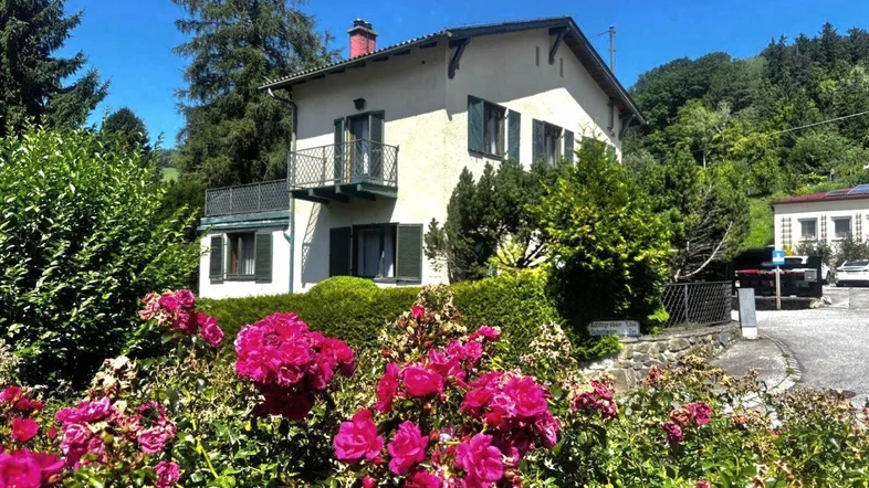 Charmantes Einfamilienhaus mit gepflegtem Vorgarten und üppigen Rosenbüschen unter blauem Himmel.
