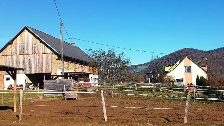 Blick auf das ländliche Anwesen mit Scheune und Wohnhaus, umgeben von Natur und Bergen.