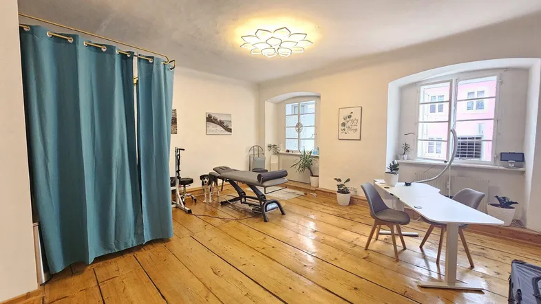 Heller Therapieraum mit Holzdielenboden, großen Fenstern und einer modernen Deckenleuchte.
