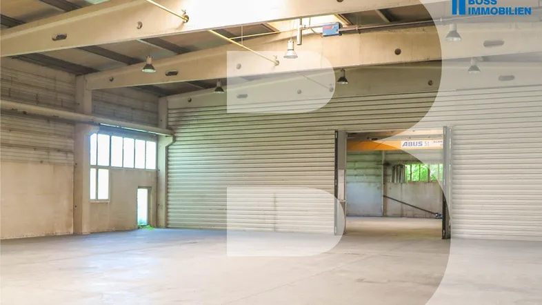 Geräumige, leere Lagerhalle mit hohen Decken, Betonboden und großen Rolltoren, ideal für industrielle Nutzung.