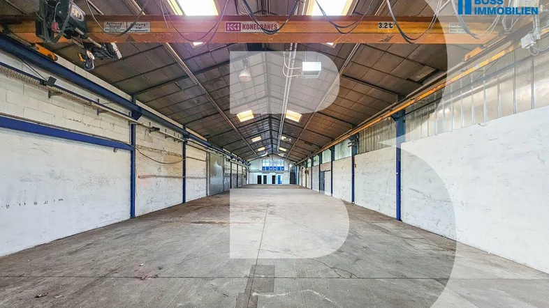 Geräumige Industriehalle mit Betonboden, hohen Decken und einem Kran, ideal für Lagerung oder Produktion.