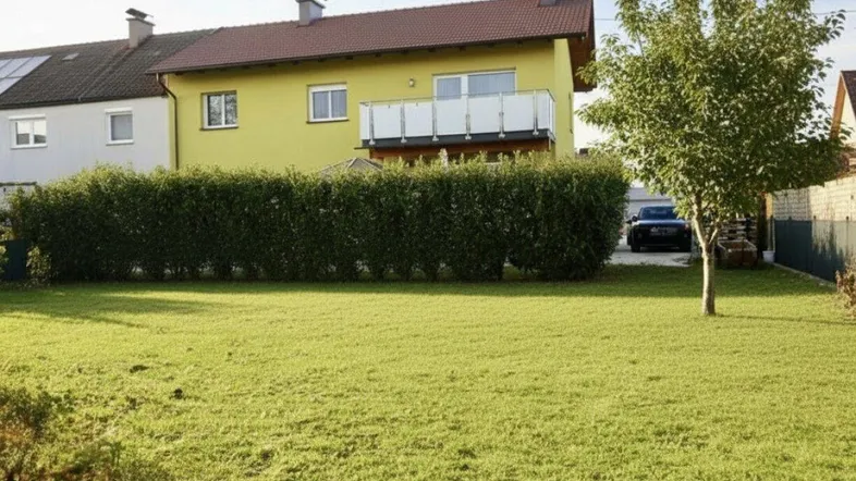 Hausfassade in Gelb mit gepflegtem Rasen und Hecke im Vorgarten.