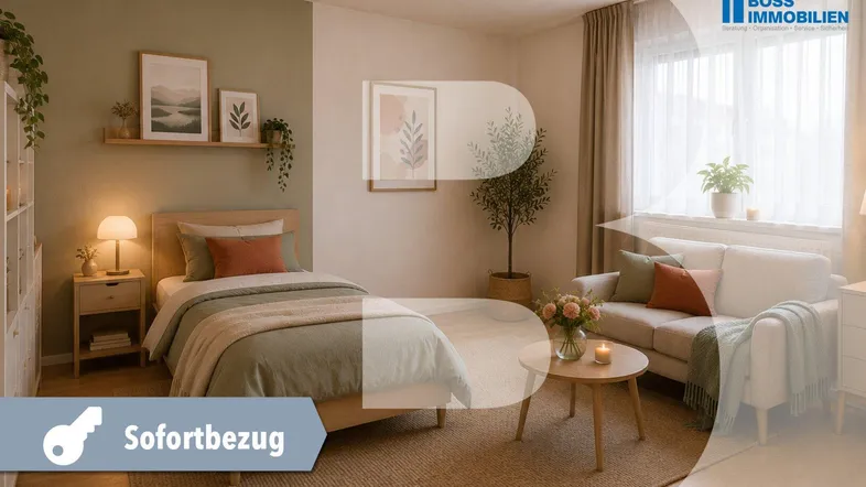 Helles Schlafzimmer mit modernem Design, bequemer Einrichtung und Fenster mit Vorhängen.