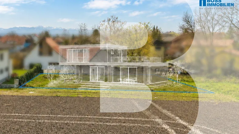 Grundstück mit visualisiertem modernen Neubau und weitem Blick auf die Berge und Landschaft.