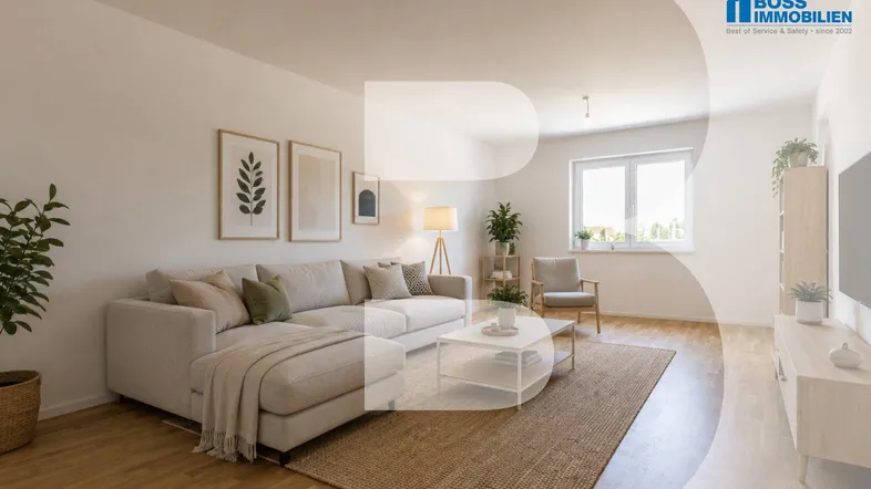 Helles Wohnzimmer mit modernem Ecksofa, Holzboden und großem Fenster, das viel Tageslicht hereinlässt.