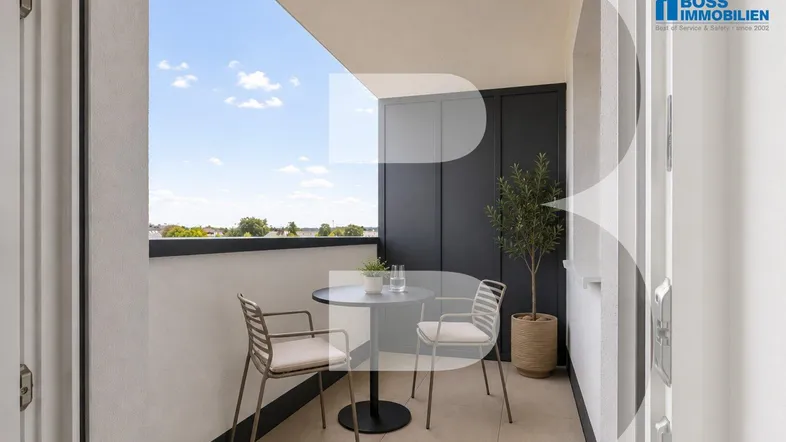 Moderner Balkon mit Sitzgelegenheiten und Blick auf die Stadt und grüne Umgebung.