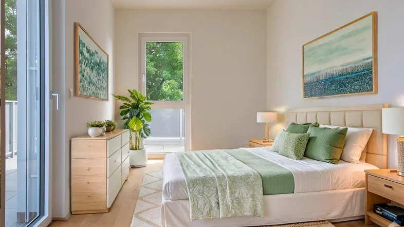 Helles Schlafzimmer mit modernem Design, hellen Holzmöbeln, grünen Akzenten und Zugang zum Balkon.