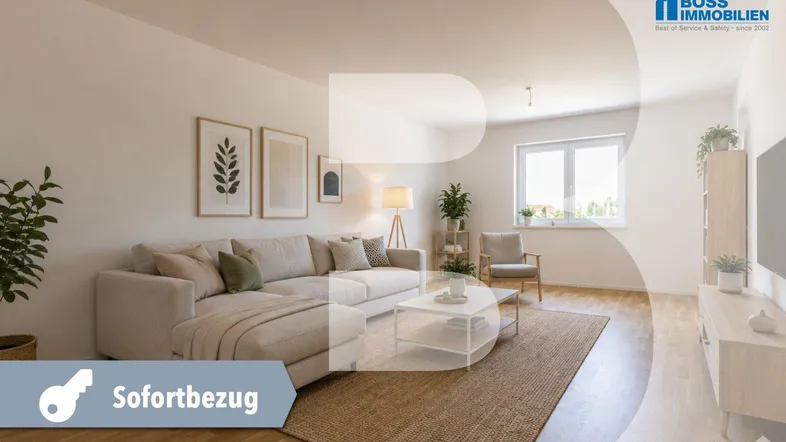 Helles Wohnzimmer mit modernem Design, großem Sofa, Holzboden und Fenster.