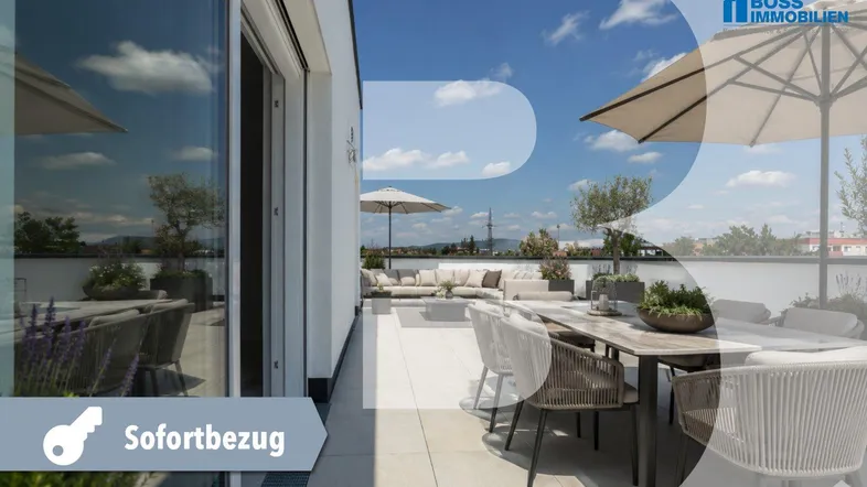 Geräumige Dachterrasse mit stilvollen Outdoor-Möbeln, Essbereich und weitem Blick über die Umgebung.