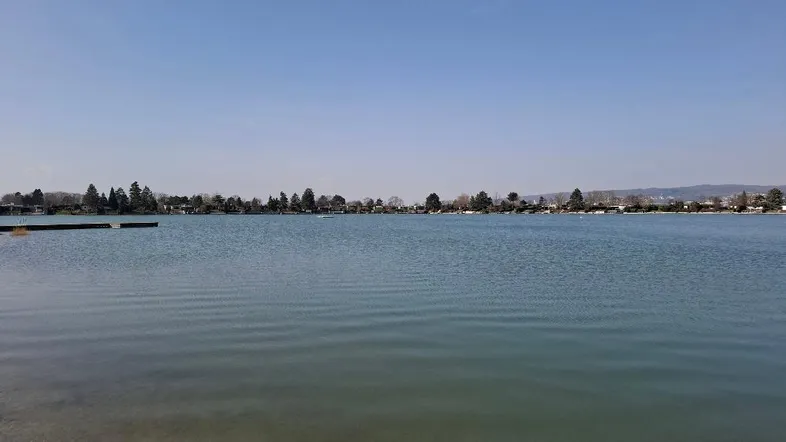 Weitläufiger Blick über einen ruhigen See mit bewaldetem Ufer und klarem Himmel.