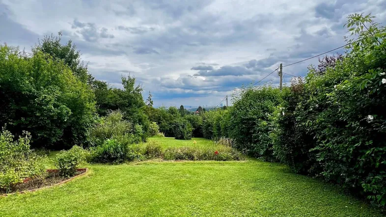 Großer, gepflegter Garten mit weitläufiger Rasenfläche und üppiger Bepflanzung unter bewölktem Himmel.
