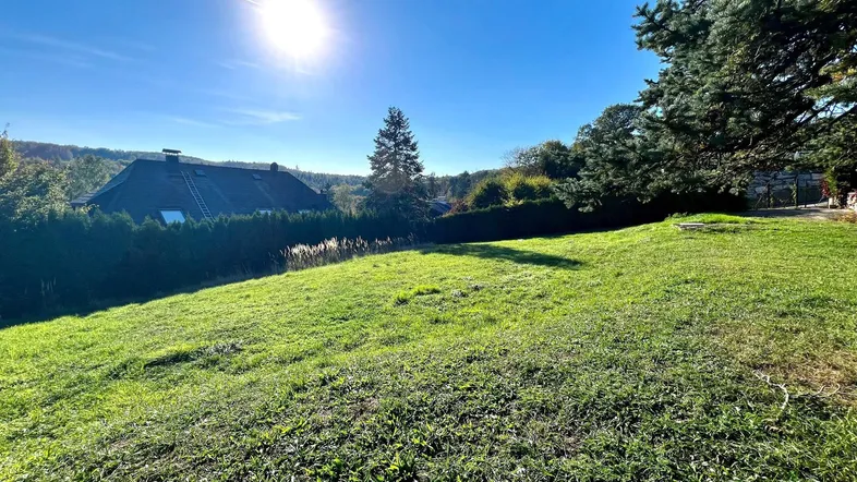 Sonniger Gartenbereich mit weitläufiger Rasenfläche und Blick auf ein entferntes Haus.