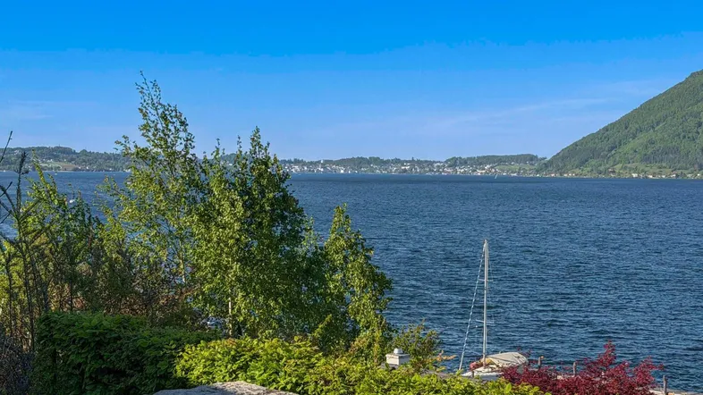 Weitläufiger Blick über einen ruhigen See mit grünen Ufern und bewaldeten Hügeln im Hintergrund.