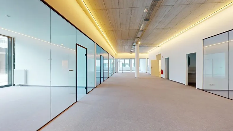 Moderner Büroraum mit Teppichboden, Glaswänden und abgehängter Decke, ideal für flexible Arbeitsbereiche.