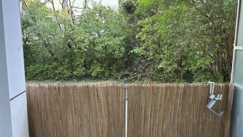 Balkon mit Sichtschutz aus Bambus und üppigem Grünblick, ideal zum Entspannen.