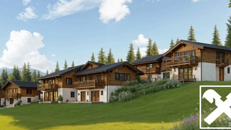 Reihe von modernen Chalets mit Holzfassaden und Balkonen auf einem grünen Hügel unter blauem Himmel.