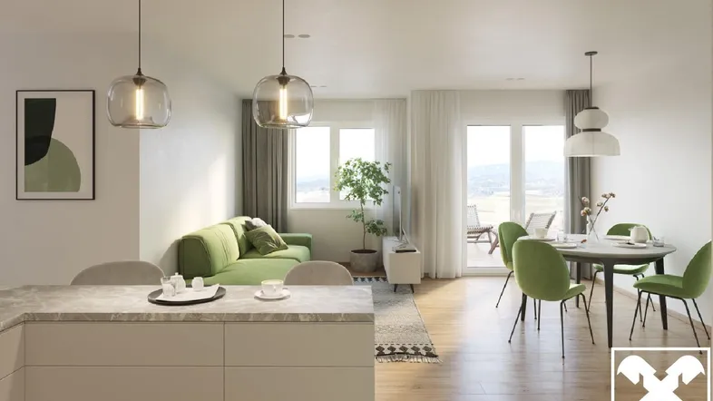 Heller Wohn- und Essbereich mit modernem Design, grünem Sofa und direktem Zugang zur Terrasse.
