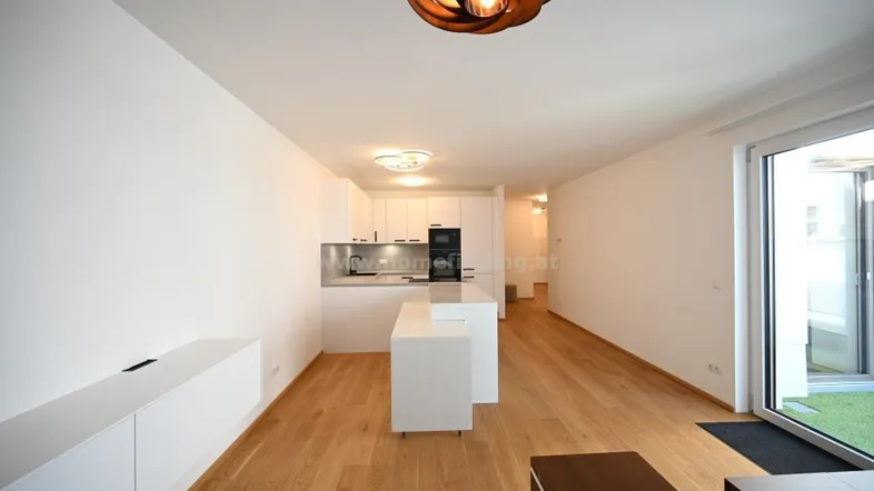 Heller offener Wohnbereich mit moderner weißer Küche, Holzboden und Zugang zur Terrasse.