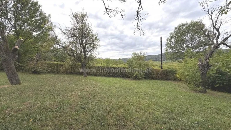 Großer Gartenbereich mit Rasenfläche und altem Baumbestand, umgeben von Hecken und mit Blick auf die Landschaft.