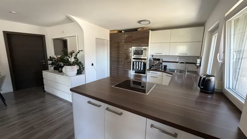 Moderne Küche mit Kochinsel, integrierten Geräten und dunklem Holzboden.