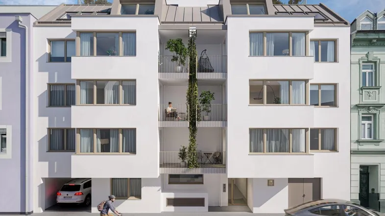 Moderne Wohnanlage mit weißer Fassade, Balkonen und Dachterrassen in urbaner Umgebung.