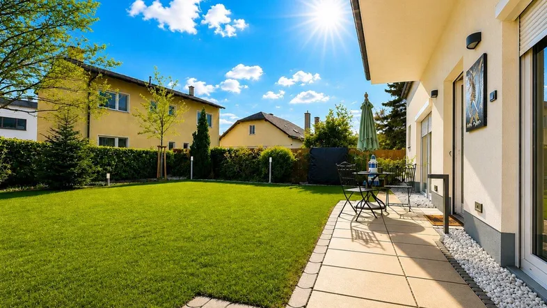 Sonnige Terrasse mit Gartenmöbeln und gepflegtem Rasen, ideal für Entspannung im Freien.