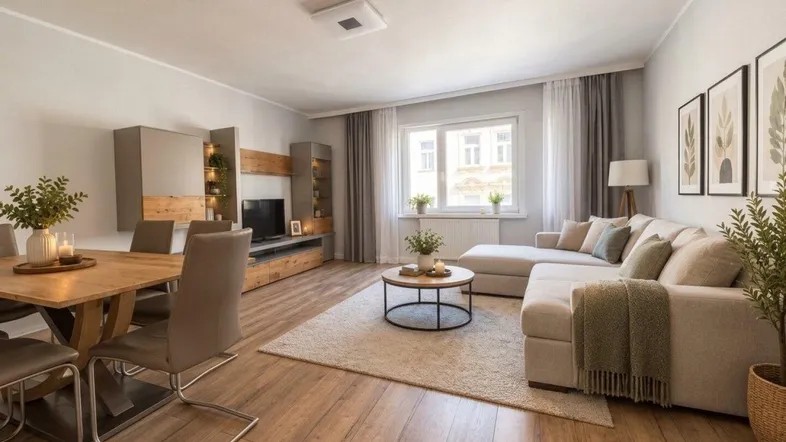 Helles Wohn- und Esszimmer mit modernem Design, Holzboden und bequemer Sitzecke.