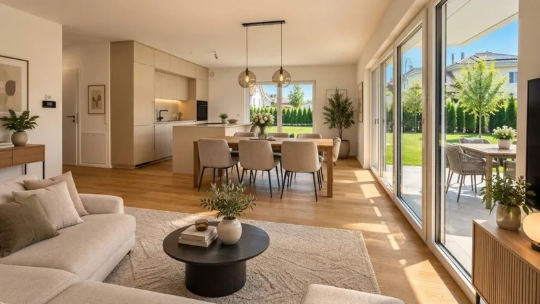 Heller, offener Wohn- und Essbereich mit integrierter Küche und Zugang zur Terrasse und Garten.