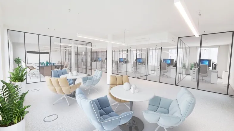 Moderner Bürobereich mit hellen Sitzgelegenheiten und Glaswänden, ideal für kreative Zusammenarbeit und offene Kommunikation.