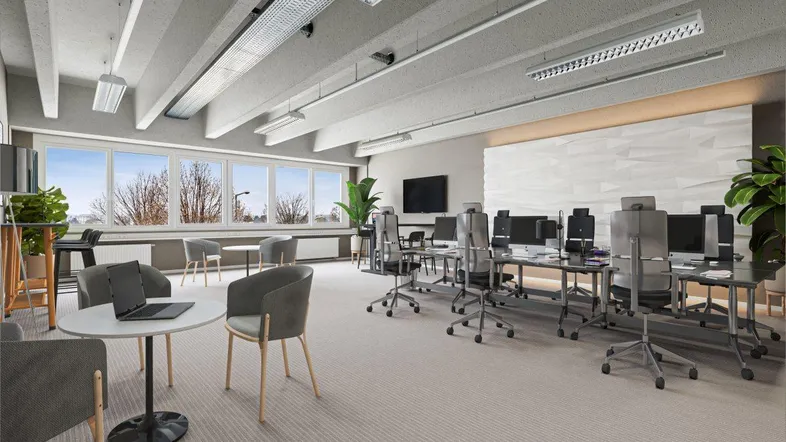Modernes Großraumbüro mit ergonomischen Arbeitsplätzen, Teppichboden und großen Fenstern mit Ausblick ins Grüne.