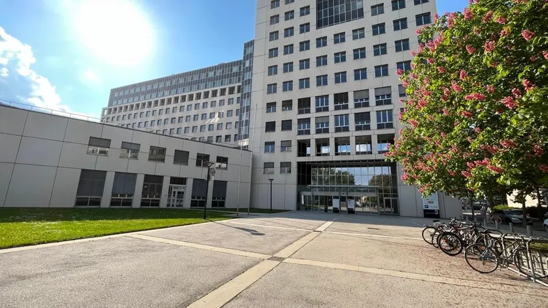 Großes modernes Bürogebäude mit vielen Fenstern und einem sonnigen Vorplatz, umgeben von Grünflächen und Bäumen.