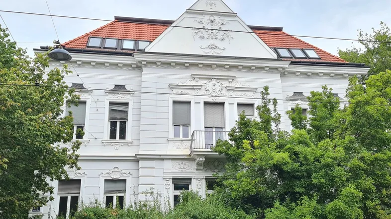 Klassisches Altbaugebäude mit aufwendiger Fassadenverzierung, rotem Ziegeldach und Dachfenstern.