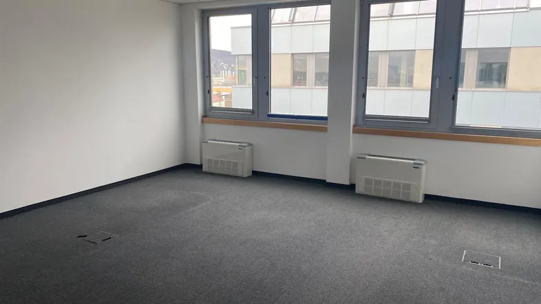 Leeres Büro mit grauem Teppichboden, weißen Wänden und großen Fenstern, bereit zur Einrichtung.