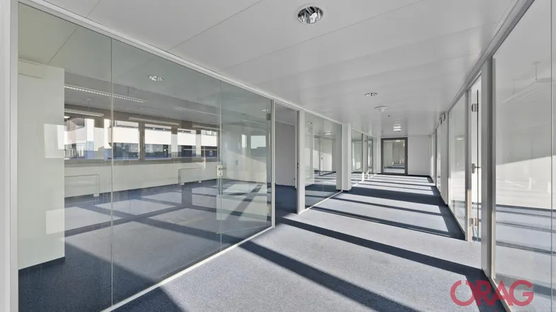 Langer Bürogang mit Glaswänden, der zu mehreren Büroräumen führt und viel Tageslicht bietet.