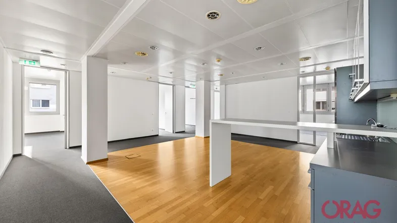 Geräumiges Büro mit offener Gestaltung, Holzboden und Teppich, sowie einer integrierten Küchenzeile.