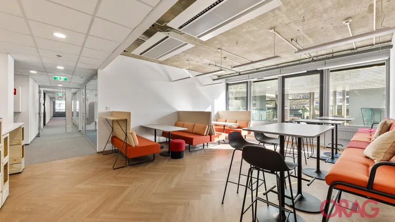 Modernes Büro mit offener Lounge-Zone, Holzboden und großen Fenstern für natürliche Belichtung.