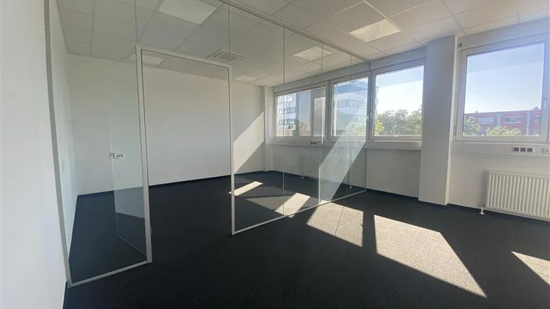Modernes Büro mit Glaswänden, Teppichboden und viel Tageslicht durch große Fenster.