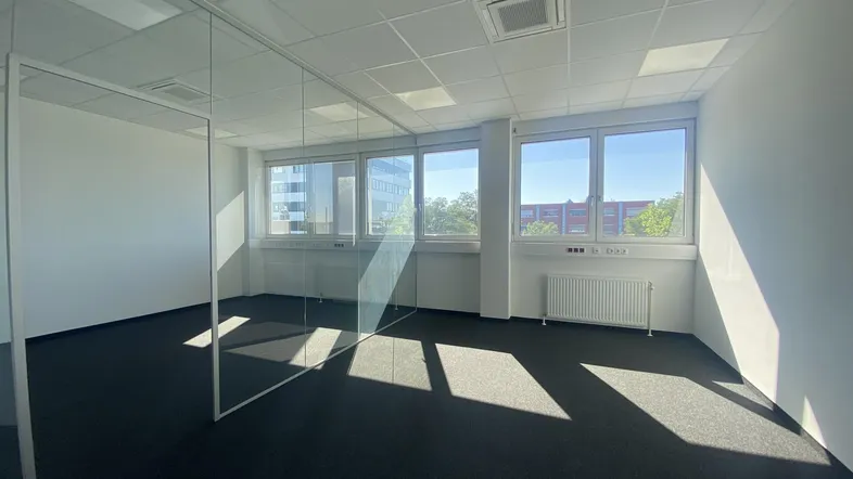 Geräumiges, leeres Büro mit modernen Glaswänden, Teppichboden und großen Fenstern, die viel Tageslicht hereinlassen.