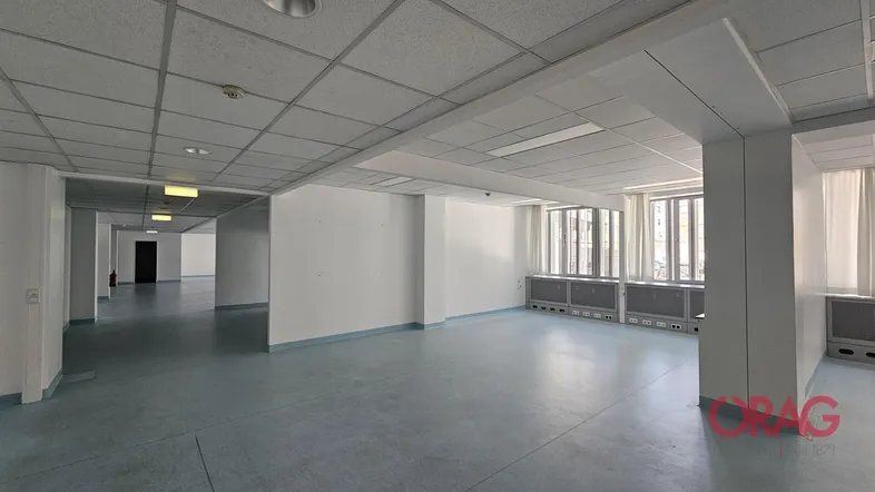 Geräumiger, leerer Büroraum mit abgehängter Decke, großen Fenstern und hellem Bodenbelag.
