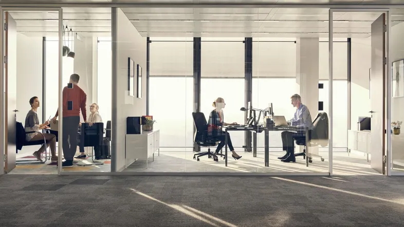 Modernes Büro mit Glaswänden und Teppichboden, bietet helle Arbeitsplätze und Besprechungsbereiche.