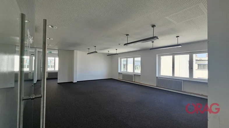 Geräumiges, leeres Büro mit Teppichboden, großen Fenstern und moderner Deckenbeleuchtung, bereit zur Nutzung.
