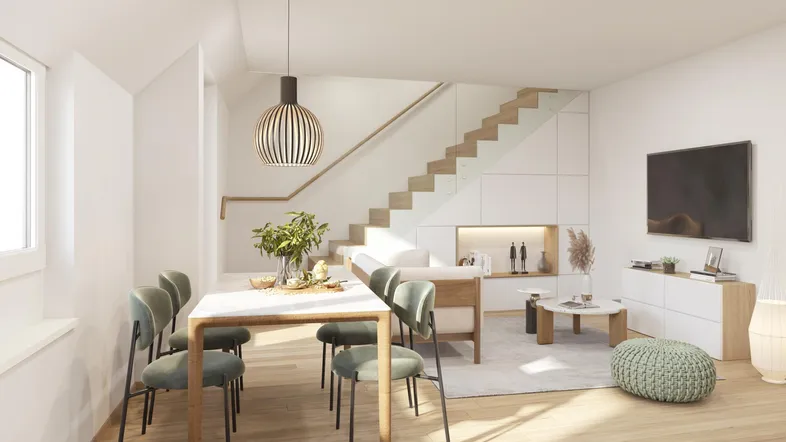 Heller, offener Wohn- und Essbereich mit moderner Einrichtung, Holzfußboden und integrierter Treppe.