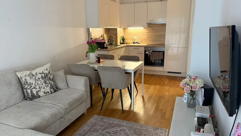 Heller offener Wohn-Essbereich mit integrierter Küche, Parkettboden und modernem Sofa.