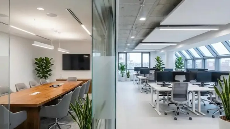 Moderner Büroraum mit Glaswänden, Konferenztisch und Arbeitsplätzen, hell beleuchtet durch große Fenster.