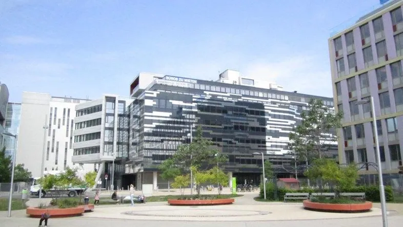Modernes Bürogebäude mit markanter Glasfassade und begrüntem Vorplatz unter blauem Himmel.