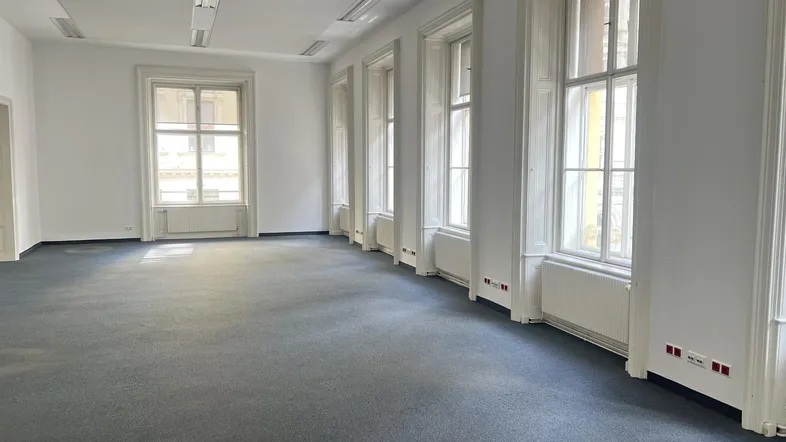 Geräumiger Büroraum mit Teppichboden, hohen Fenstern und viel Tageslicht, ideal für Arbeitsbereiche.