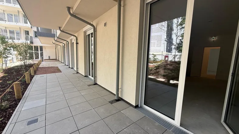 Eine moderne, gepflasterte Terrasse mit Zugang zu den Innenräumen eines neuen Gebäudes und natürlichem Licht.
