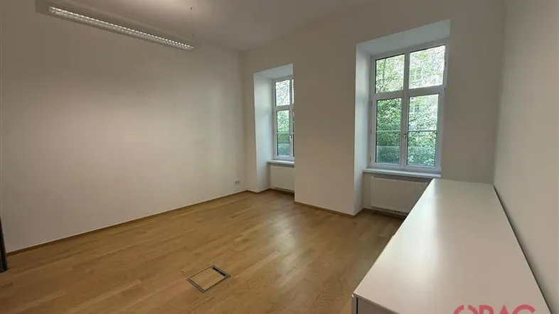 Heller Büroraum mit Holzfußboden, großen Fenstern und weiß gestrichenen Wänden, ideal für Arbeitsplätze.